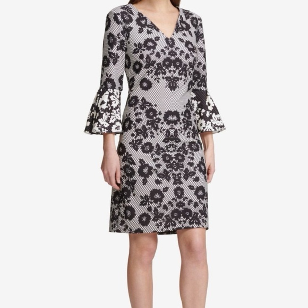 DKNY Black and White Lace Print Sheath Dress with Bell Sleeves